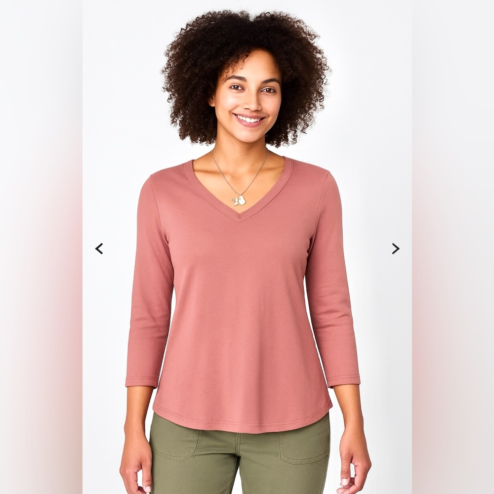 J. Jill Women's 3/4 Sleeve V-Neck Top - Pink 100% Pima Cotton Soft Casual Pretty